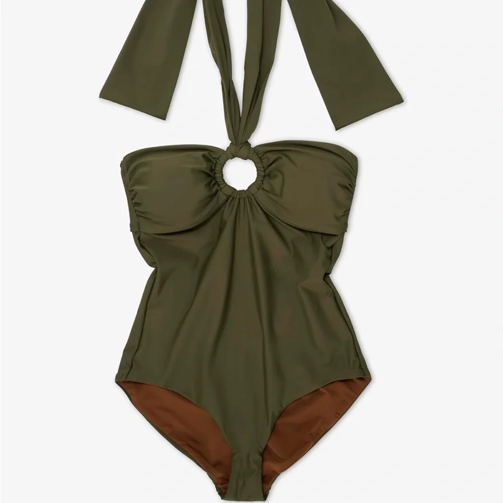 DKNY Green Halter One Piece with Ruched Detail - Picture 3 of 3